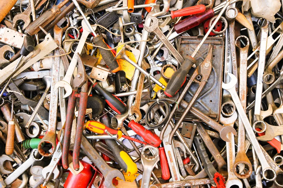 A crowded collection of spanners, pliers and other hand tools