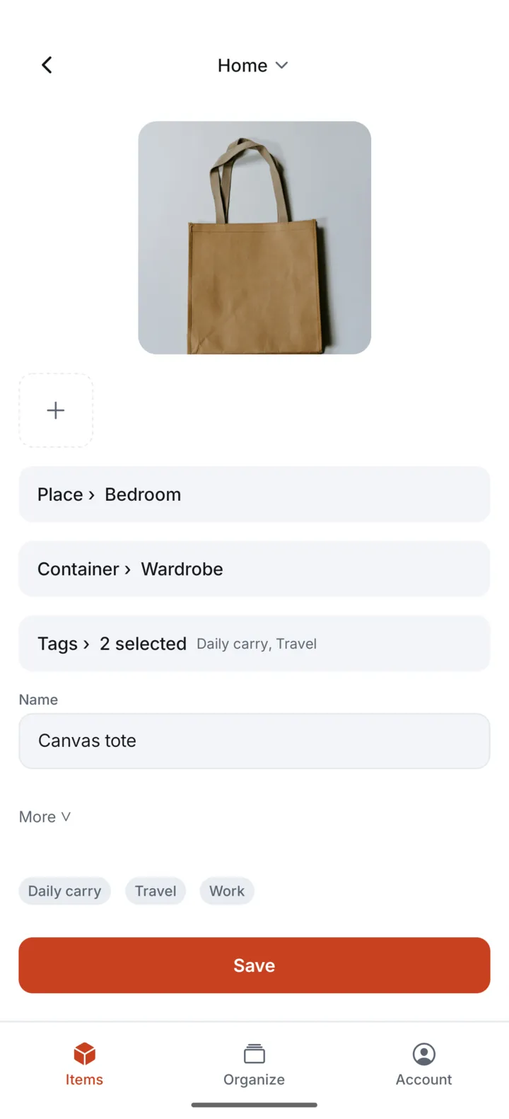The Itemsbase new item form for a canvas tote, with a photo, the Bedroom place, the Wardrobe container and tags