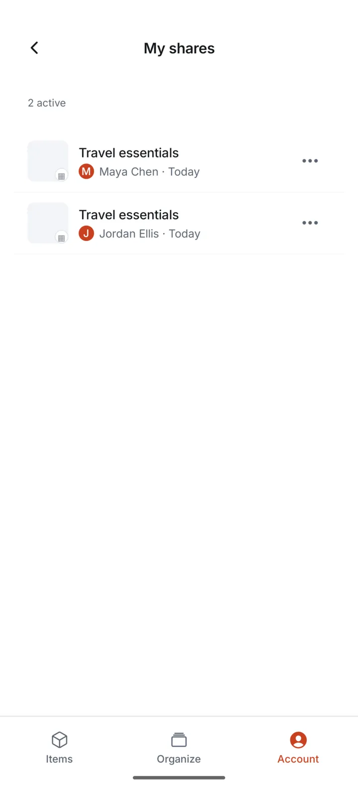 The Itemsbase My shares list showing Travel essentials shared with Maya Chen and Jordan Ellis